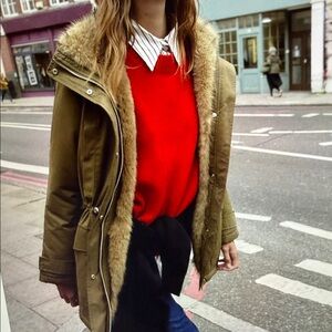 NWT Zara Khaki Fur-Trimmed Utility Jacket